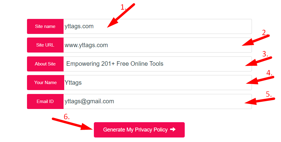 Privacy Policy Generator Step 2