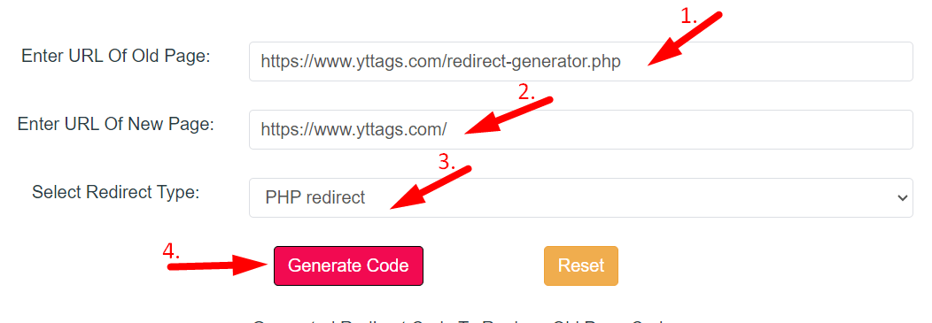301 Redirect Code Generator Step 2